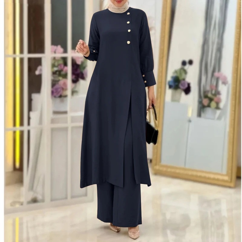 Conjunto de Roupas Elegante para Mulheres Muçulmanas em Cor Sólida e Respirável com Roupas de Fenda Lateral