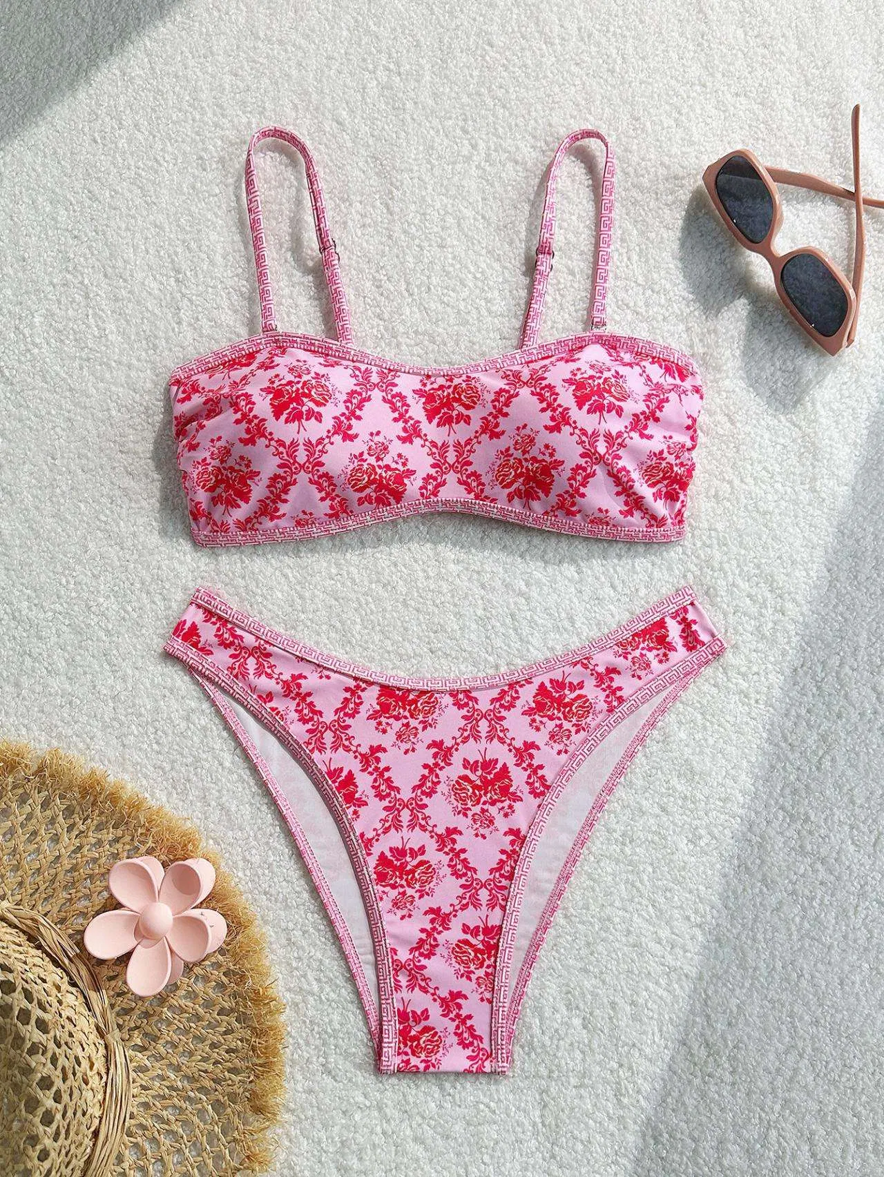 Conjunto de Biquíni Dois Peças Tanga Cintura Alta Controle de Barriga Estampado Moda Praia para Mulheres