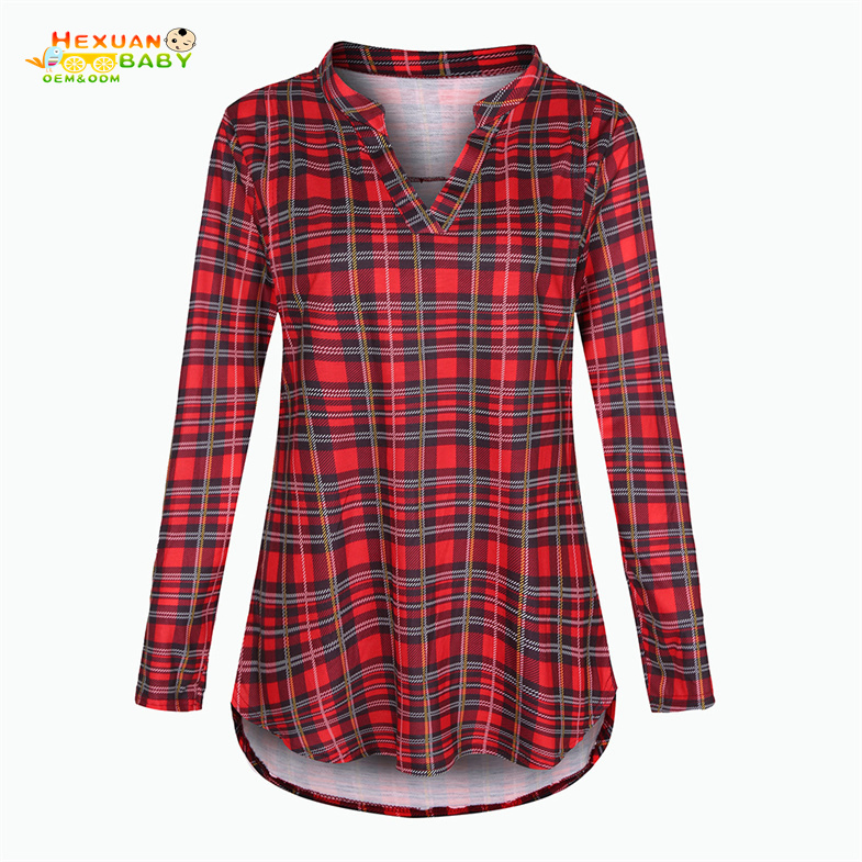 2025 Gravidez Mãe Amamentando 3/4 Camiseta Solta com Estampa Xadrez e Decote em V para Mulheres em Maternidade e Amamentação
