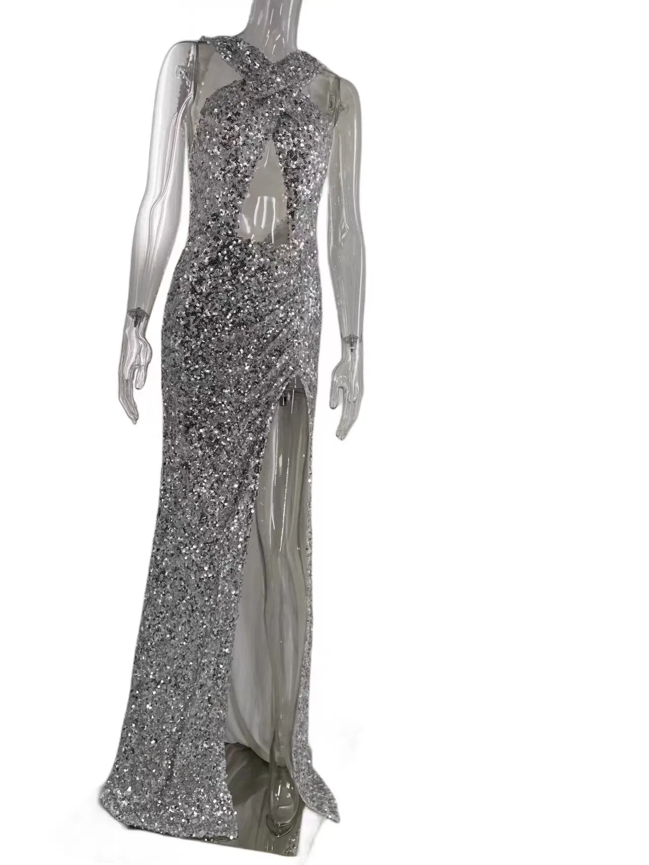 Vestido de Festa Longo Prateado Feminino com Costas Abertas, Moda Sexy para Mulheres
