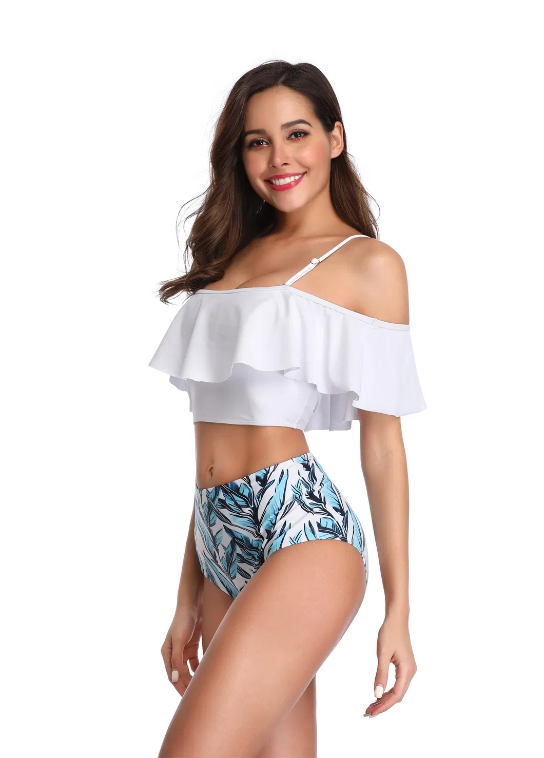 Moda Praia Feminina 2PCS Impressão Personalizada de Nylon com Renda e Alças Altas