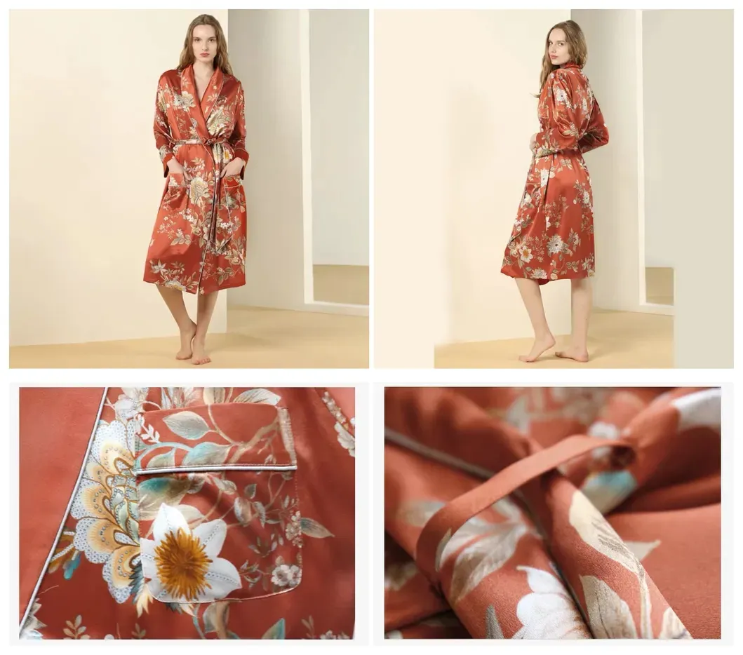 Conjunto de Pijamas Longos de Seda Personalizados para Mulheres em Moda Casual
