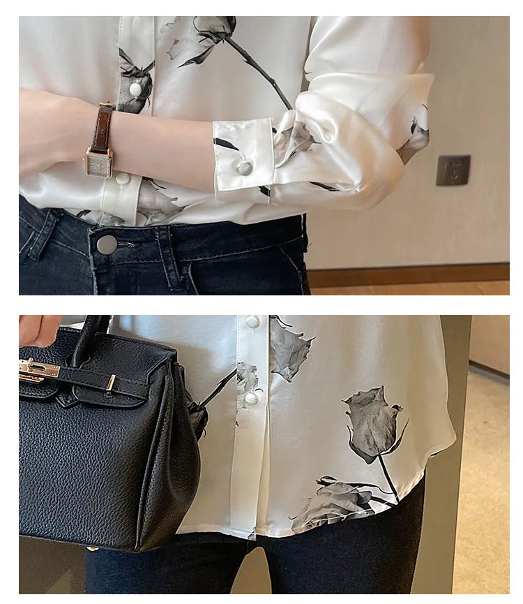 Blusas de Seda Satinada para Mulheres, Camisas de Moda Coreana com Manga Longa, Camisa com Botão, Roupas para Escritório, Lady Floral com Decote em V
