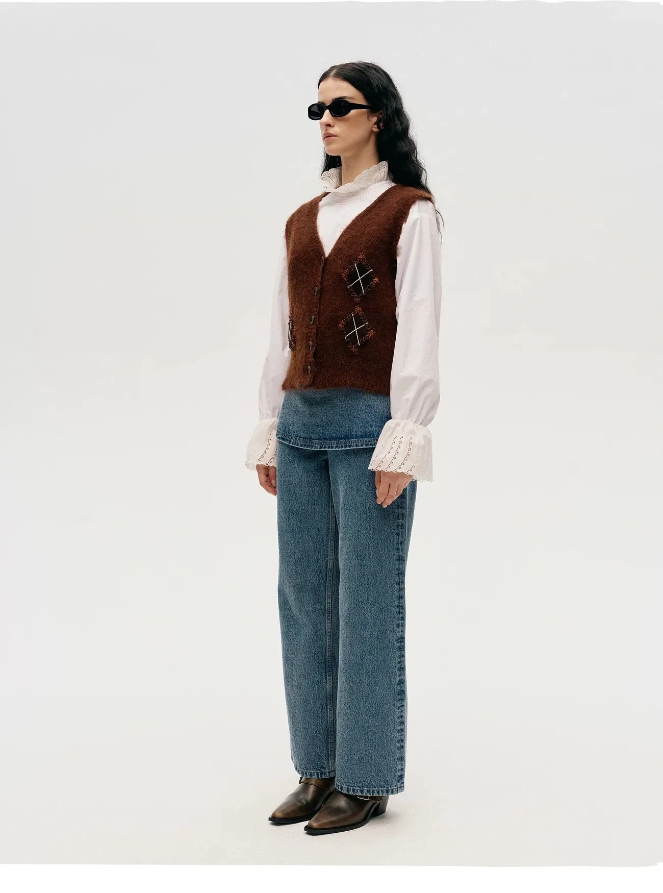 Colete de malha de lã mohair feito à mão em diamante para mulheres, outono e inverno, com decote em V, sem mangas, blusa feminina, atacado, malharia da China