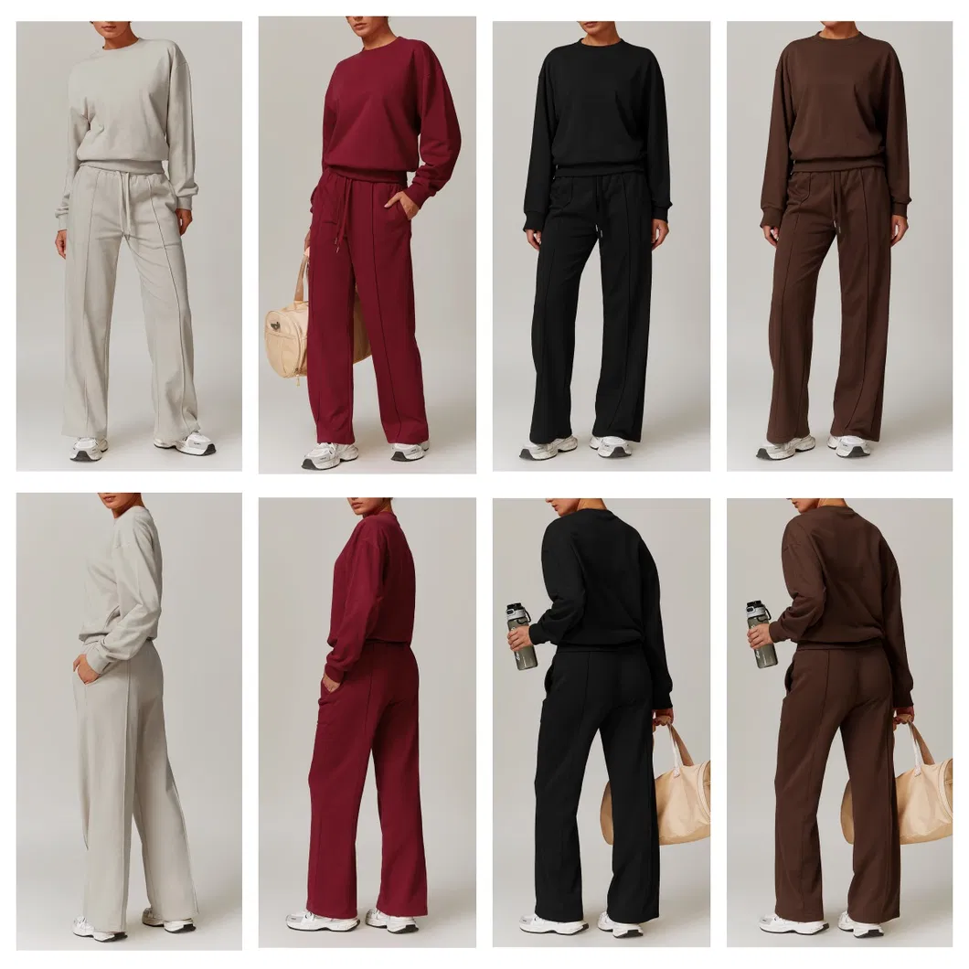 Calças largas femininas, camisetas de manga longa, moletom, conforto, roupas de lazer, vestuário esportivo