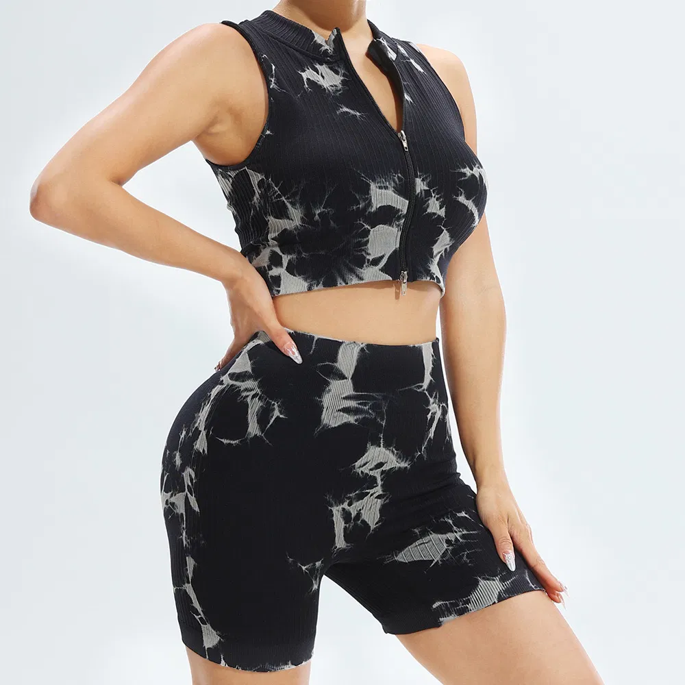 Conjunto de Roupas de Ginástica Fitness com Padrão Tie Dye em Alta, Top com Zíper Frontal Personalizado + Shorts Biker com Efeito de Bumbum, Roupas de Yoga Sem Costura com Marca Privada