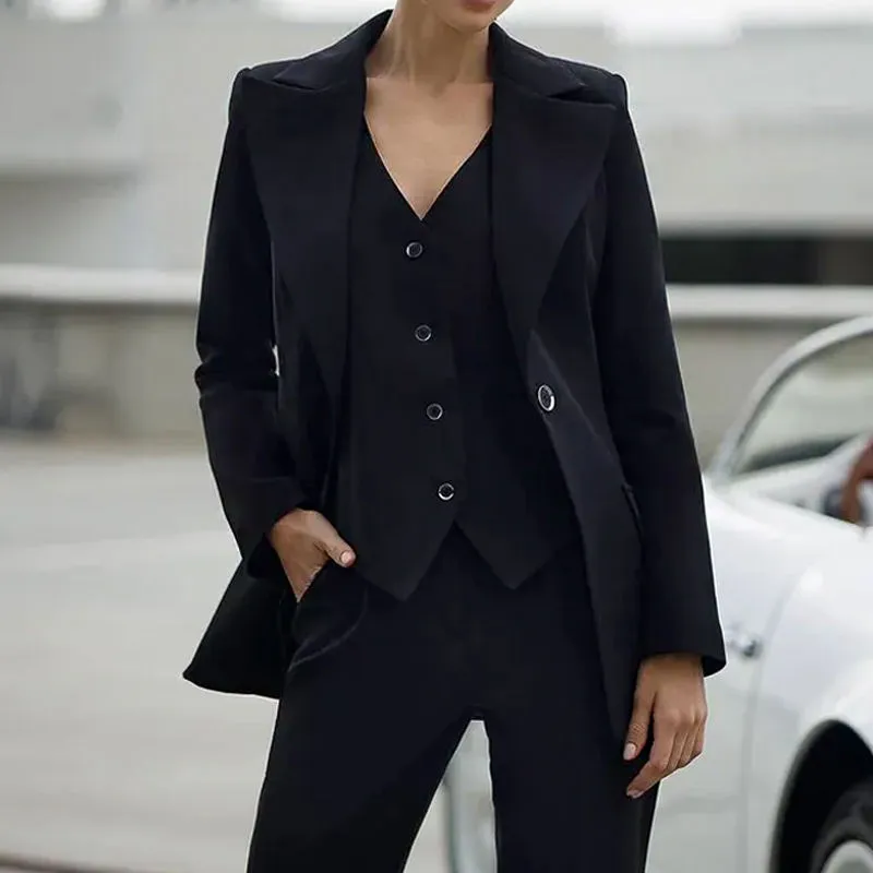 Conjunto Feminino Sob Medida de Três Peças para Escritório, Traje Formal, Jaqueta, Colete e Calças