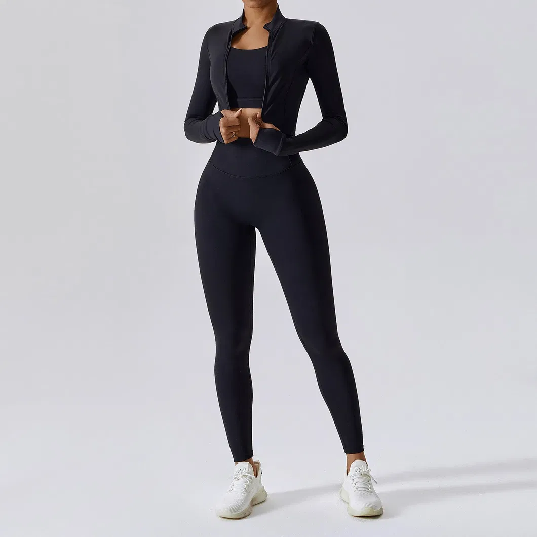 Conjunto de Roupas de Yoga 3 Peça Mulheres Jaqueta de Manga Longa Ativa Top Esportivo Conjunto de Yoga Leggings de Ginástica Roupa de Fitness Conjunto de Esportes
