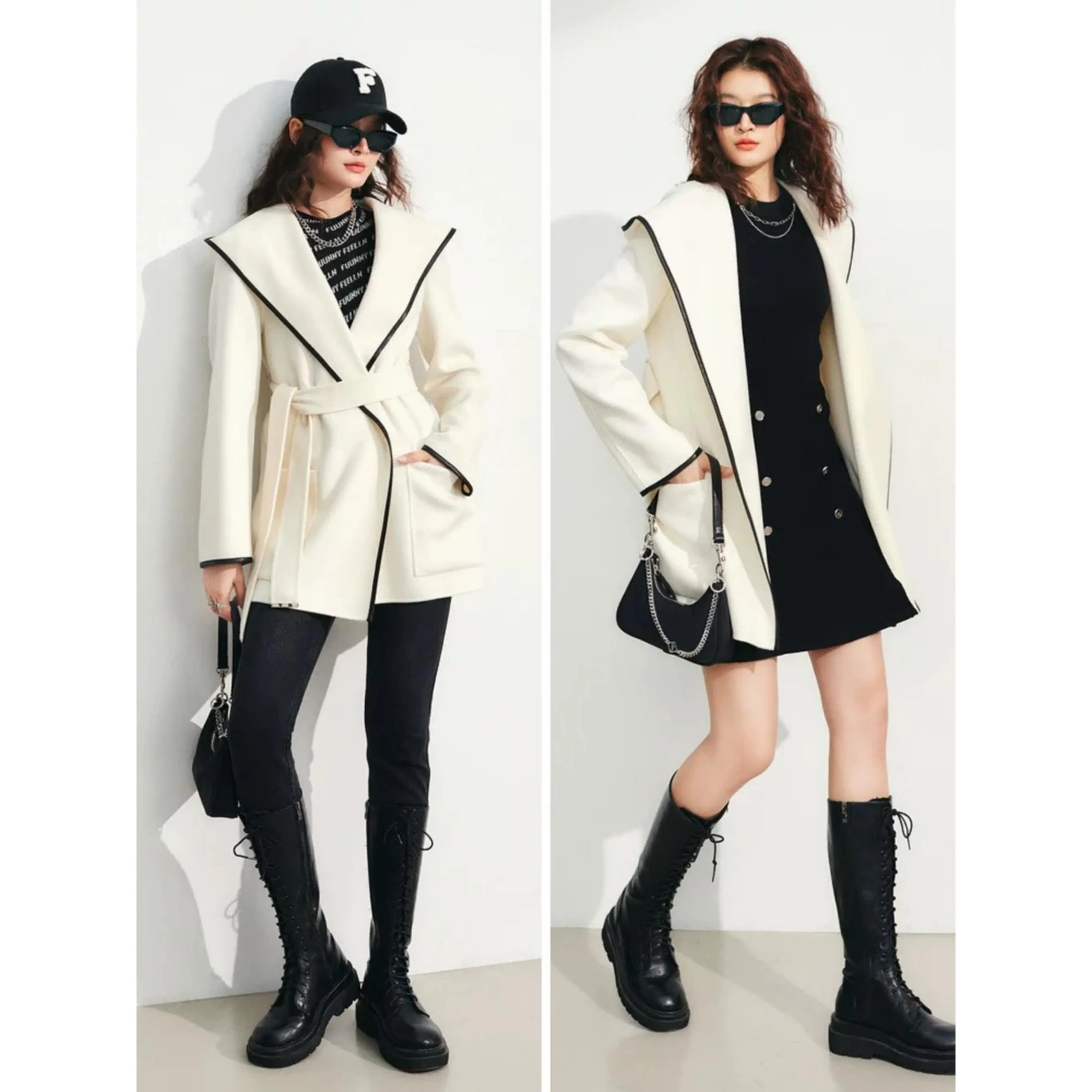 Casaco de Lã Personalizado de Luxo para Mulheres Atacado Alta Qualidade Ajuste Médio Gola Larga Design de Fechamento Aberto Acabamento em Couro Casaco de Lã para Moda Feminina