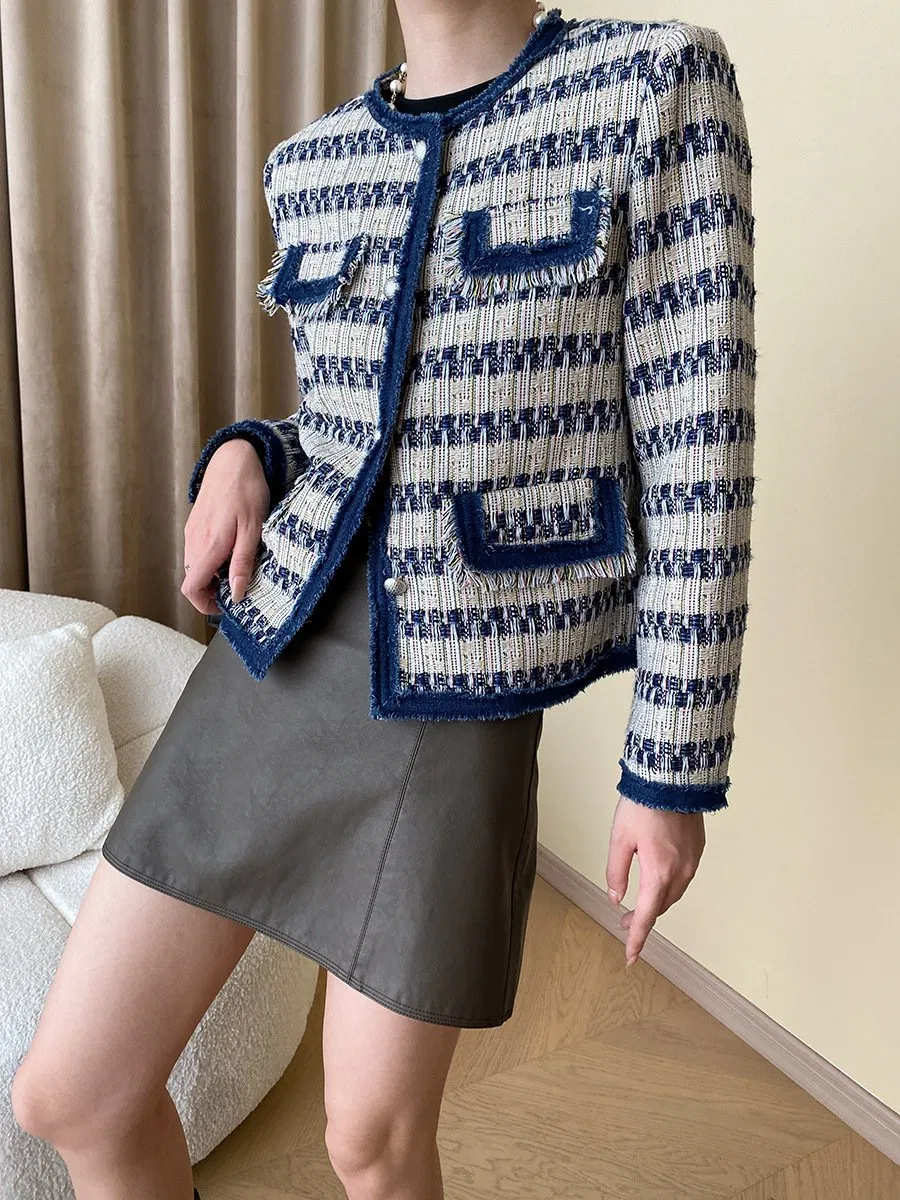 Casaco Curto Feminino Nnr Tricotado Primavera Coreano de Manga Longa Tweed para Mulheres