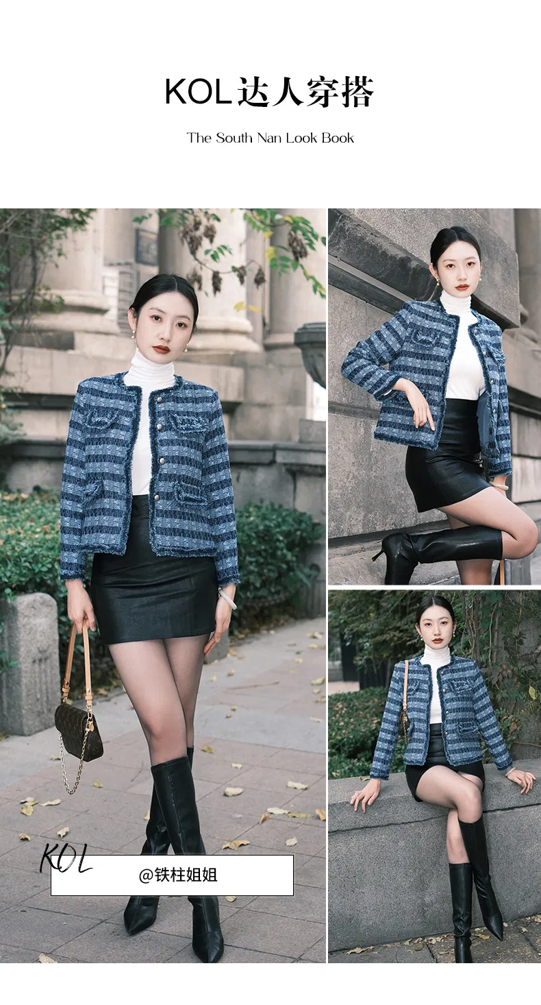 Casaco Curto Feminino Nnr Tricotado Primavera Coreano de Manga Longa Tweed para Mulheres