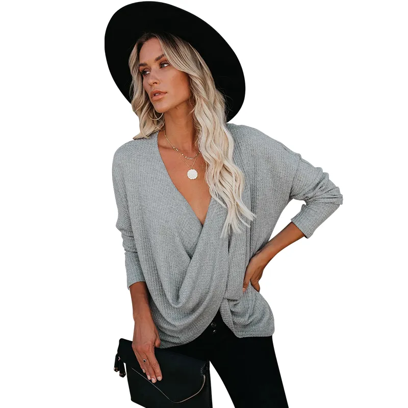 Estilo Casual Sólido Camisetas de Manga Longa Decote em V Moda Roupas Femininas