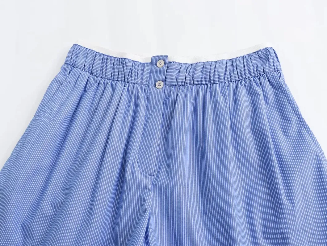 Novo Estilo Casual de Moda Calças Curtas de Popeline Listradas em Azul com Recortes na Cintura Média Roupas Femininas Atacado