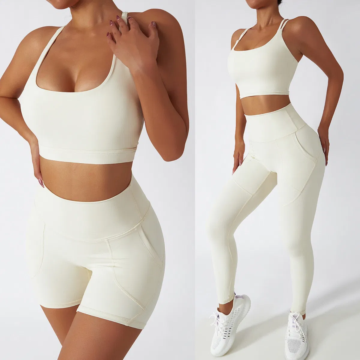 Conjuntos de Roupas de Atividade Sustentáveis, Conjuntos de Treino Reciclados, Top de Yoga Costas Nadador, Leggings Atletas com Bolsos Laterais