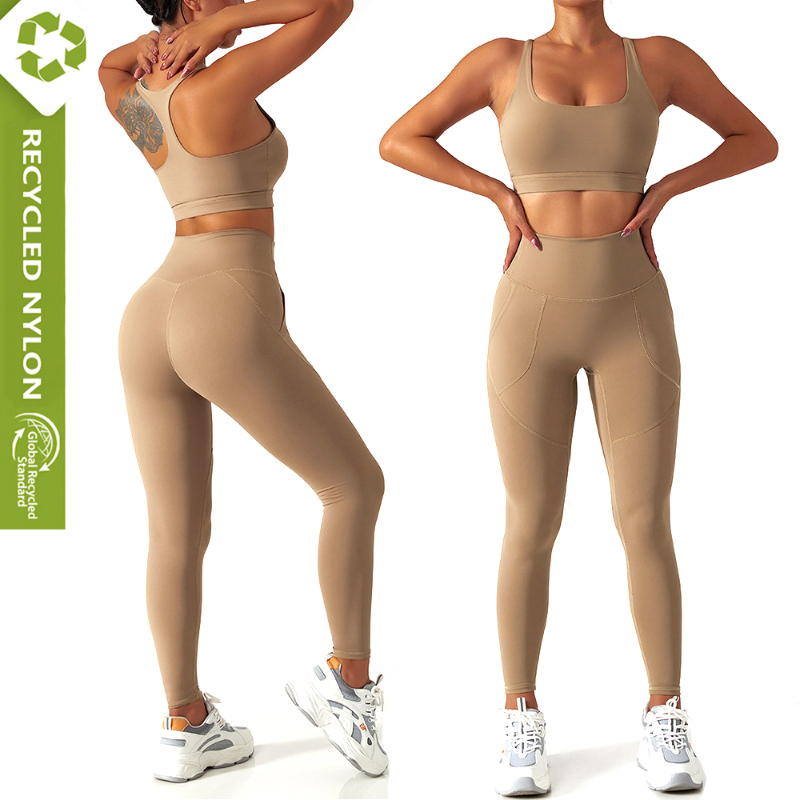 Conjuntos de Roupas de Atividade Sustentáveis, Conjuntos de Treino Reciclados, Top de Yoga Costas Nadador, Leggings Atletas com Bolsos Laterais