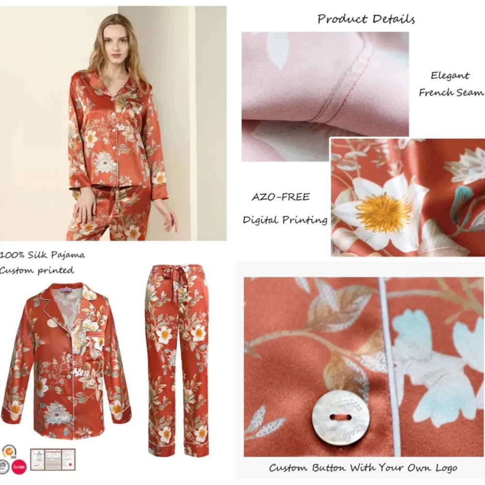 Conjunto de Pijamas Longos de Seda Personalizados para Mulheres em Moda Casual