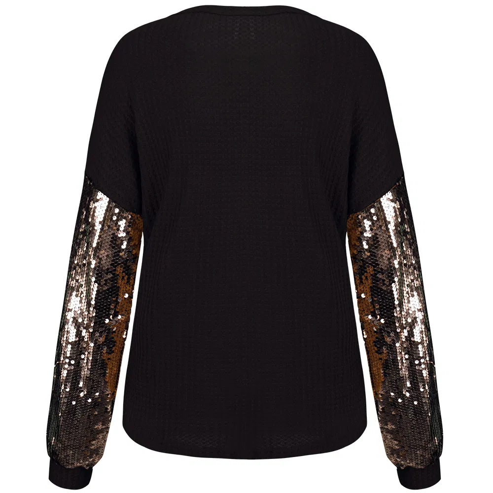 Novo estilo quente de outono e inverno, suéter solto com paetês e costura em contraste, camisetas que combinam com tudo, roupas femininas, vestuário feminino