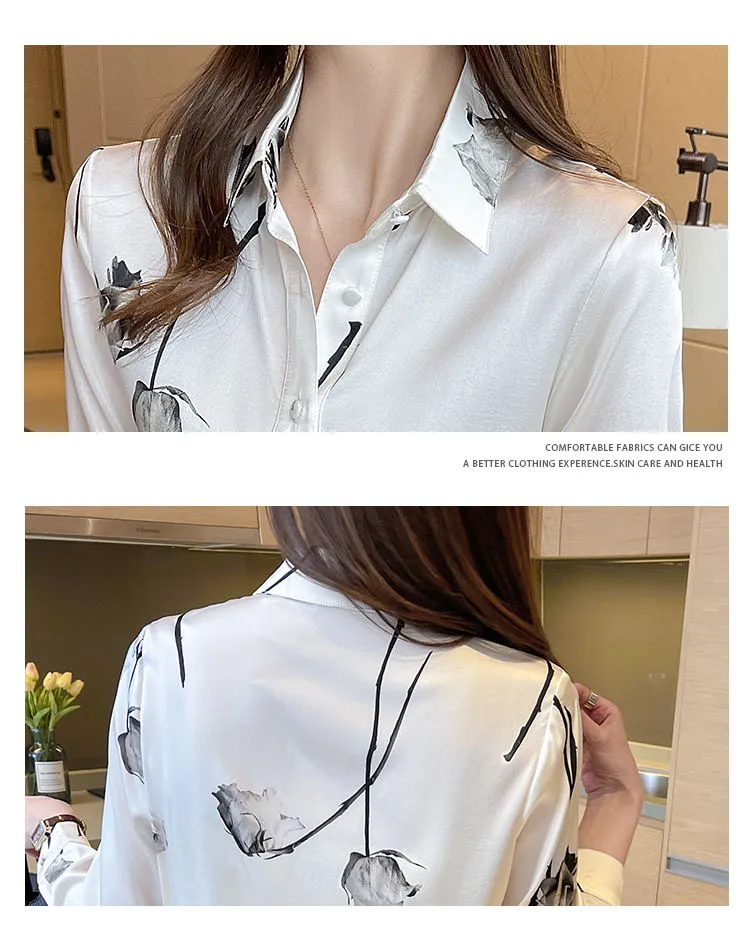 Blusas de Seda Satinada para Mulheres, Camisas de Moda Coreana com Manga Longa, Camisa com Botão, Roupas para Escritório, Lady Floral com Decote em V
