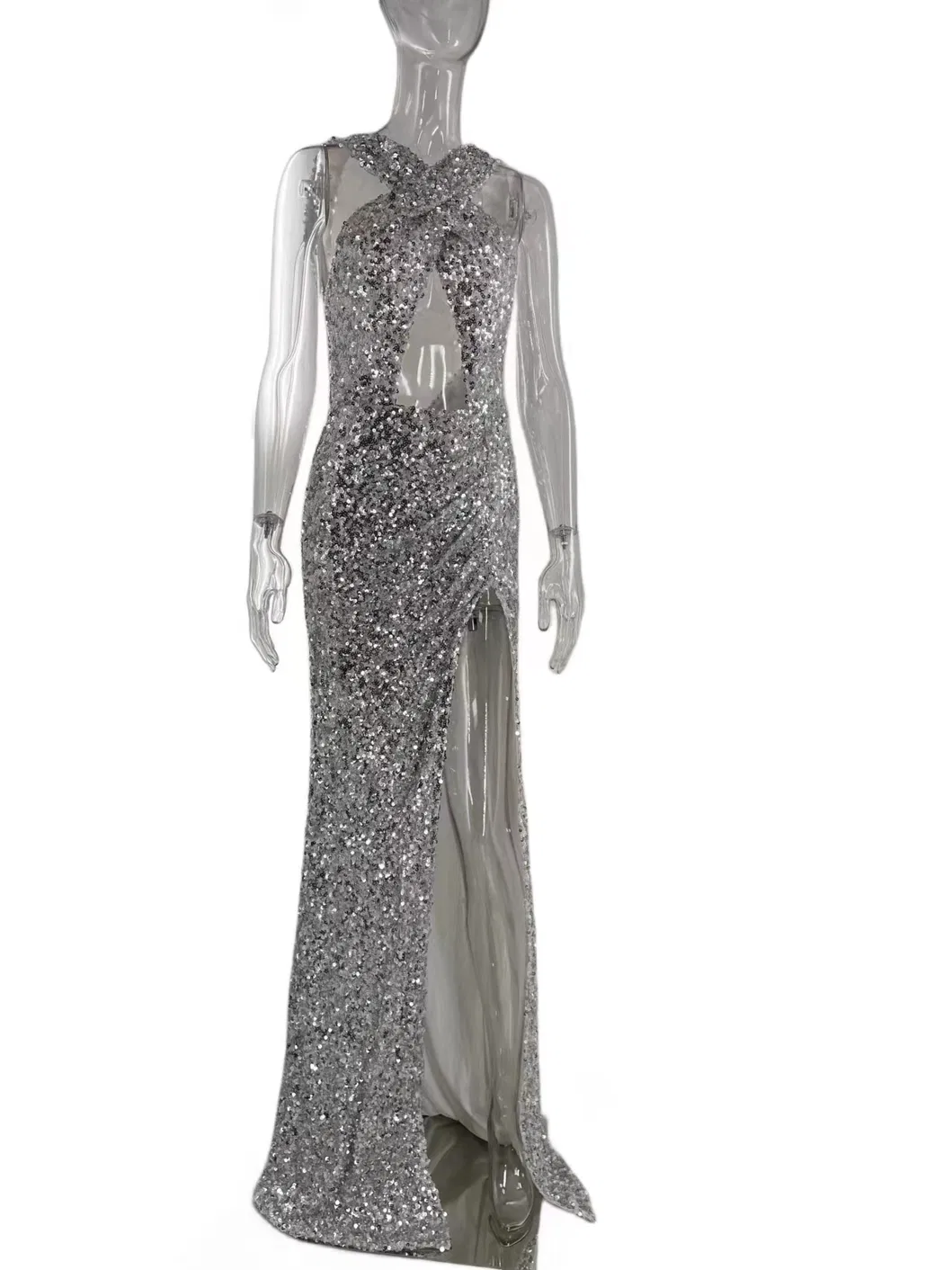 Vestido de Festa Longo Prateado Feminino com Costas Abertas, Moda Sexy para Mulheres