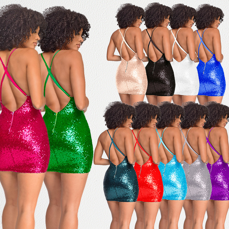 Vestidos de Promenade de Verão Femininos com Saia e Design Costas Vazadas com Lantejoulas, Sexy, Curto, Mini, Vestido de Clube para Festas à Noite
