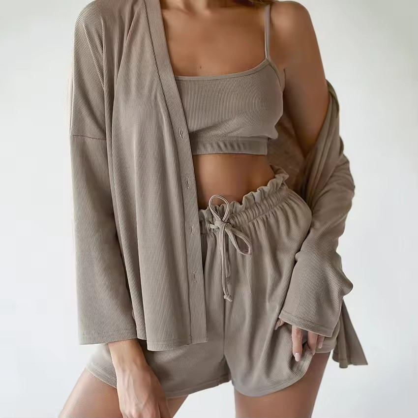 Roupas de Lazer de Luxo com Logo Personalizado Pijamas de Waffle 3PCS Pijamas de Unicórnio para Mulheres Roupas de Dormir de Manga Longa para Mulheres