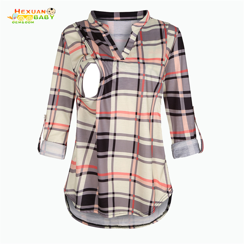 2025 Gravidez Mãe Amamentando 3/4 Camiseta Solta com Estampa Xadrez e Decote em V para Mulheres em Maternidade e Amamentação