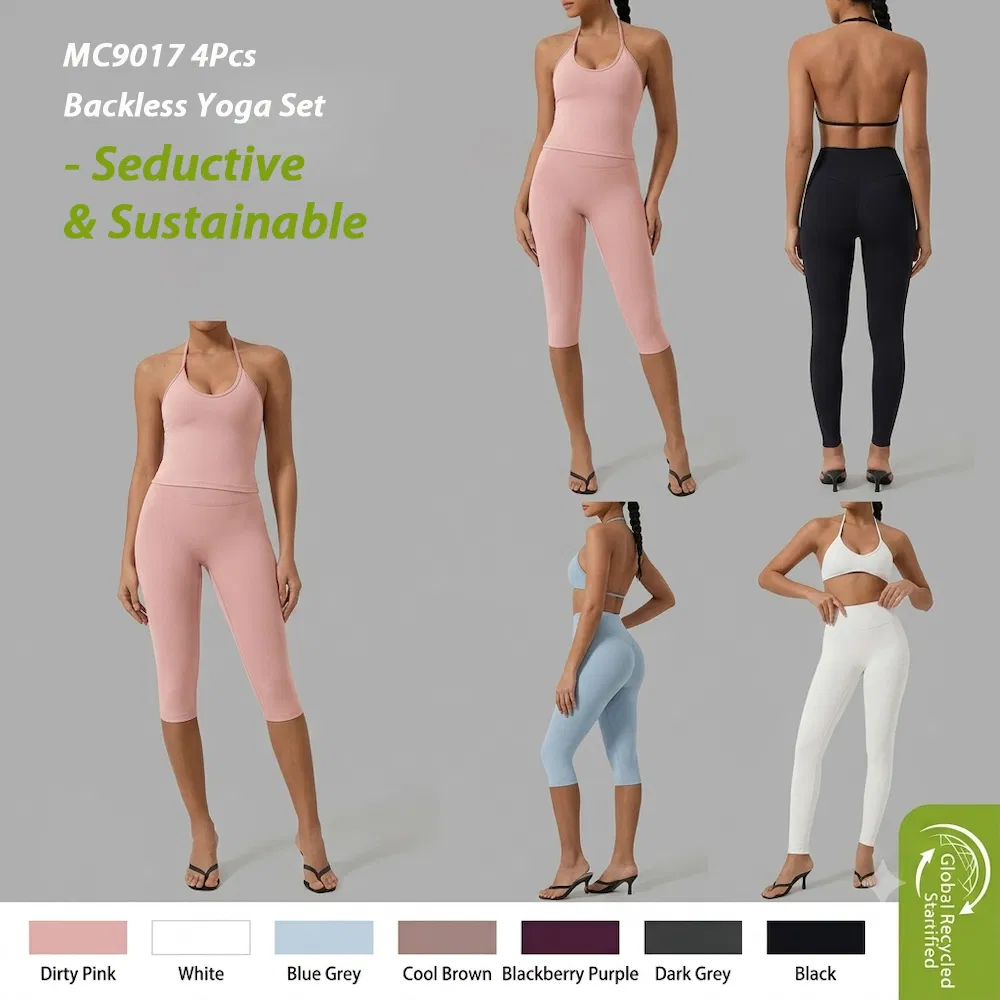 Chegada Recente Roupas de Ginástica Ecológicas Sem Costas Roupas de Yoga para Mulheres, 2/3/4PCS Conjuntos de Roupas Ativas Sustentáveis Top Esportivo com Decote Halter + Shorts de Treino e Leggings
