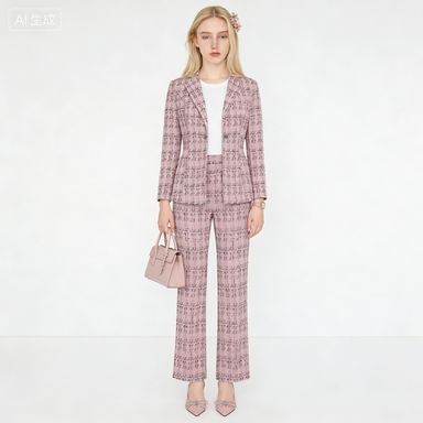 Conjunto de Blazer em Tweed Rosa - Roupas Formais de Negócios Elegantes para Mulheres
