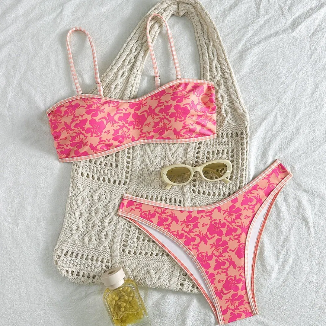 Conjunto de Biquíni Dois Peças Tanga Cintura Alta Controle de Barriga Estampado Moda Praia para Mulheres