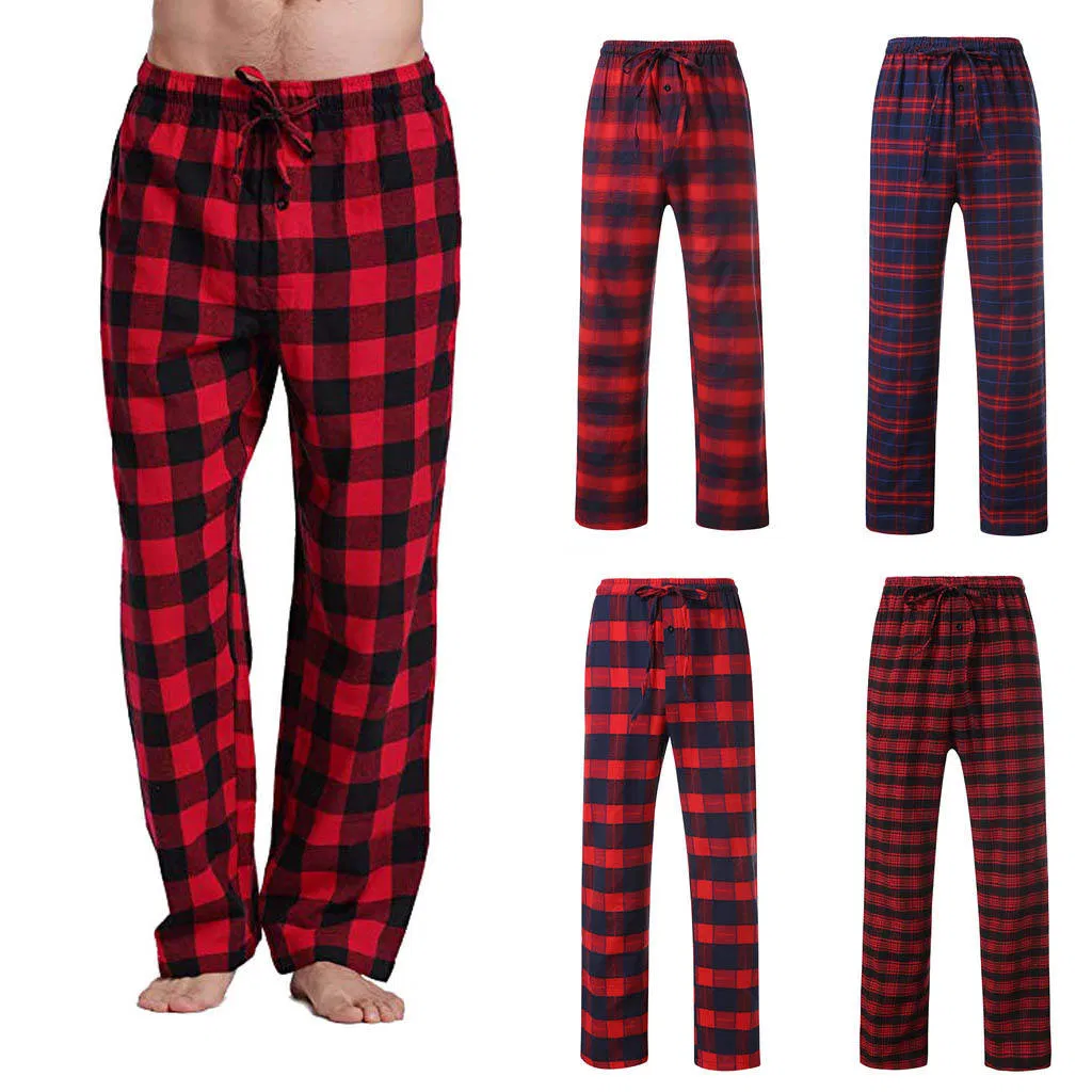 Calças de Pijama de Natal em Poliéster com Estampa Xadrez para Adultos, Homens e Mulheres