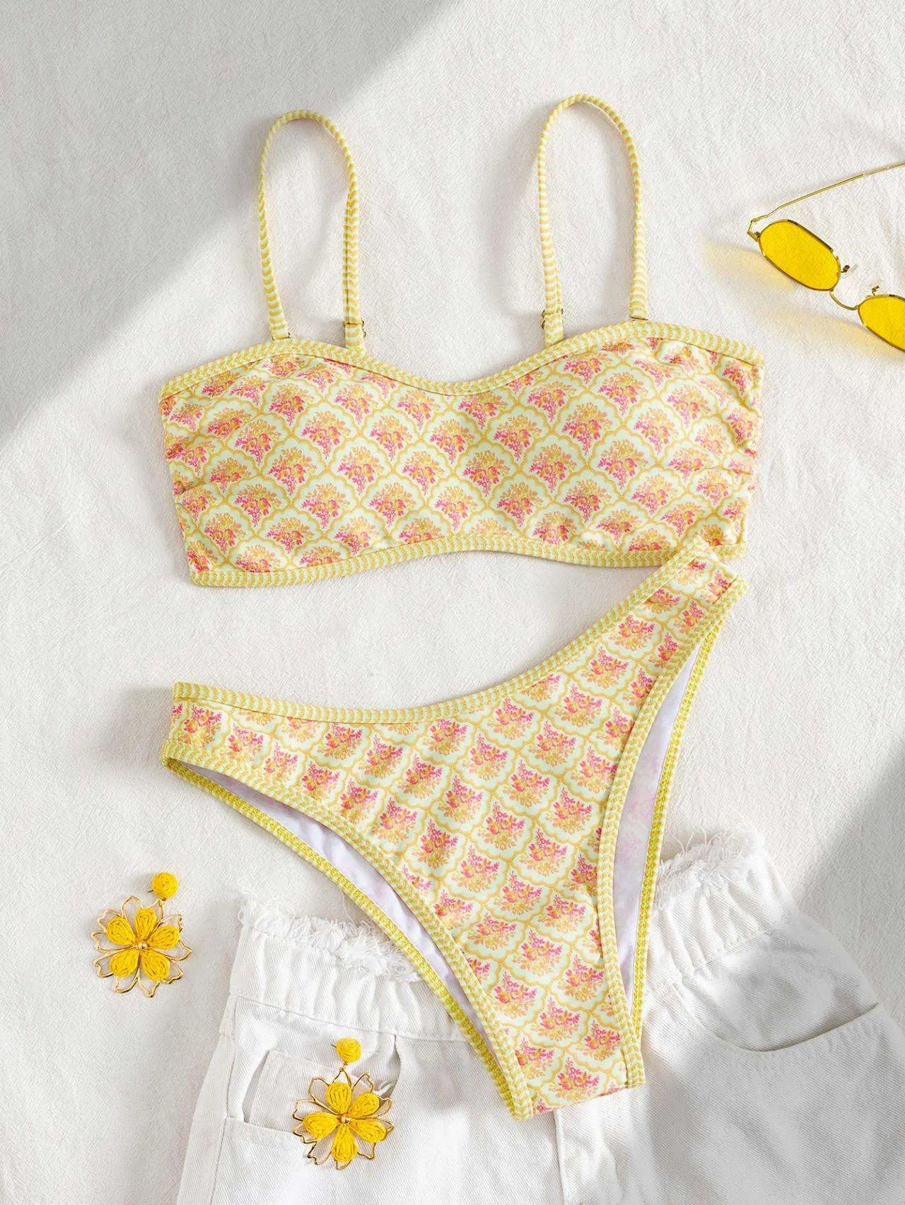 Conjunto de Biquíni Dois Peças Tanga Cintura Alta Controle de Barriga Estampado Moda Praia para Mulheres