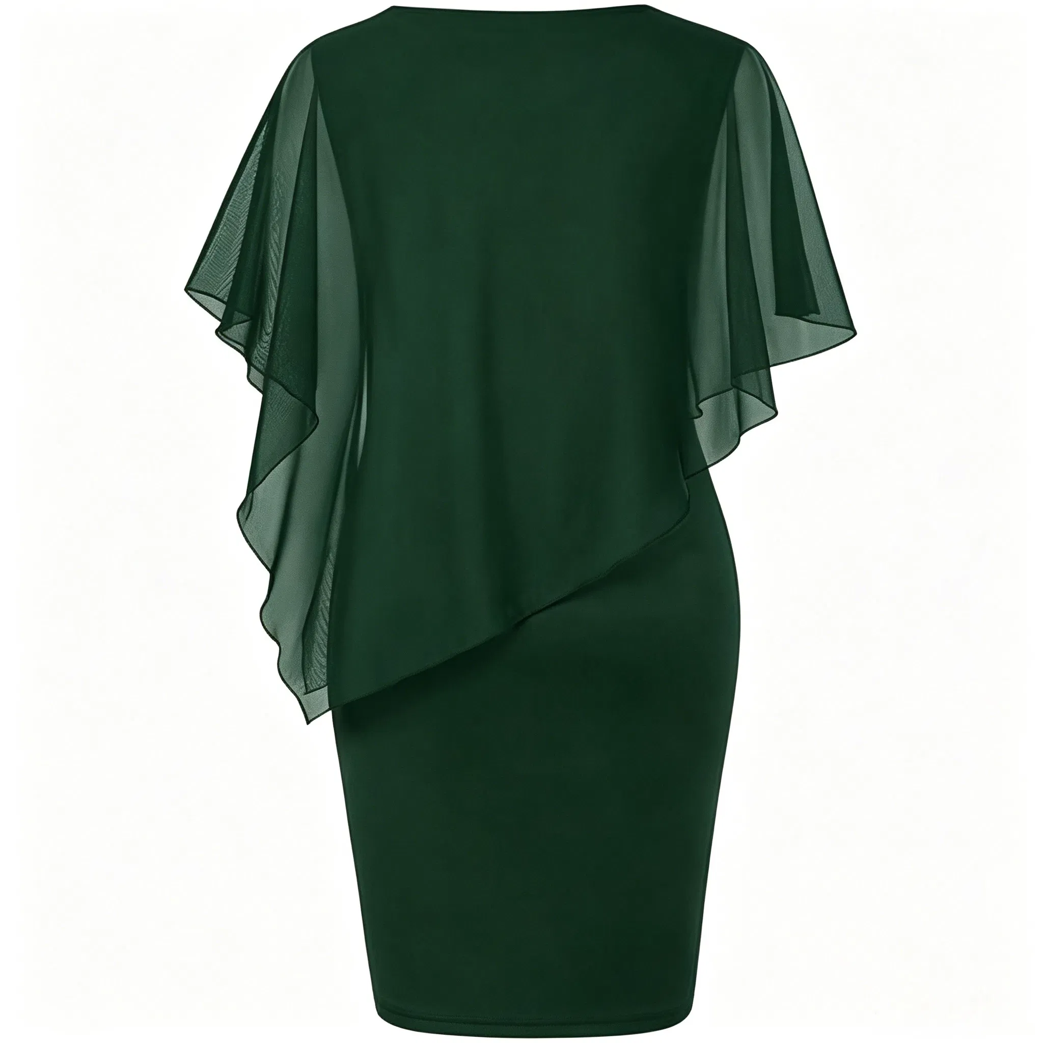 Vestido Midi Bodycon Lápis com Manga de Chiffon Verde Escuro para Mulheres Plus Size, Elegante para Casamento, Convidada, Evento Formal e Festa
