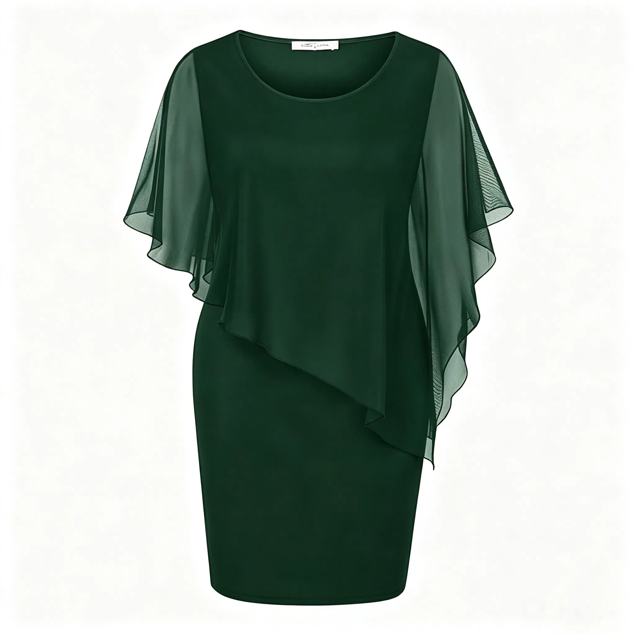 Vestido Midi Bodycon Lápis com Manga de Chiffon Verde Escuro para Mulheres Plus Size, Elegante para Casamento, Convidada, Evento Formal e Festa