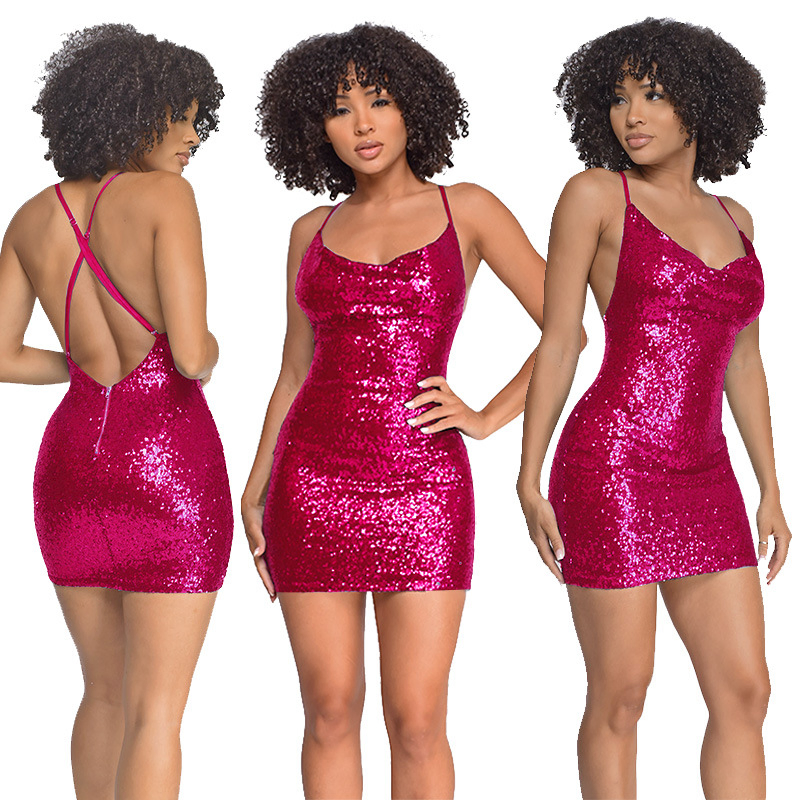 Vestidos de Promenade de Verão Femininos com Saia e Design Costas Vazadas com Lantejoulas, Sexy, Curto, Mini, Vestido de Clube para Festas à Noite