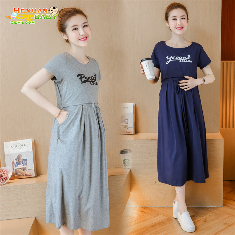 Vestido de Noite Maternidade com Manga Curta Impresso Roupas de Amamentação Vestido de Dormir