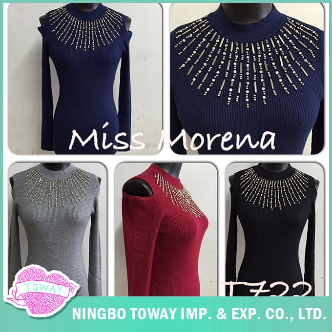 Melhor Fabricante Moda Estilo Personalizado Gola Redonda Com Contas Senhora Mulheres Malha