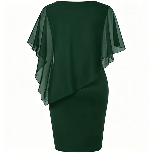 Vestido Midi Bodycon Lápis com Manga de Chiffon Verde Escuro para Mulheres Plus Size, Elegante para Casamento, Convidada, Evento Formal e Festa