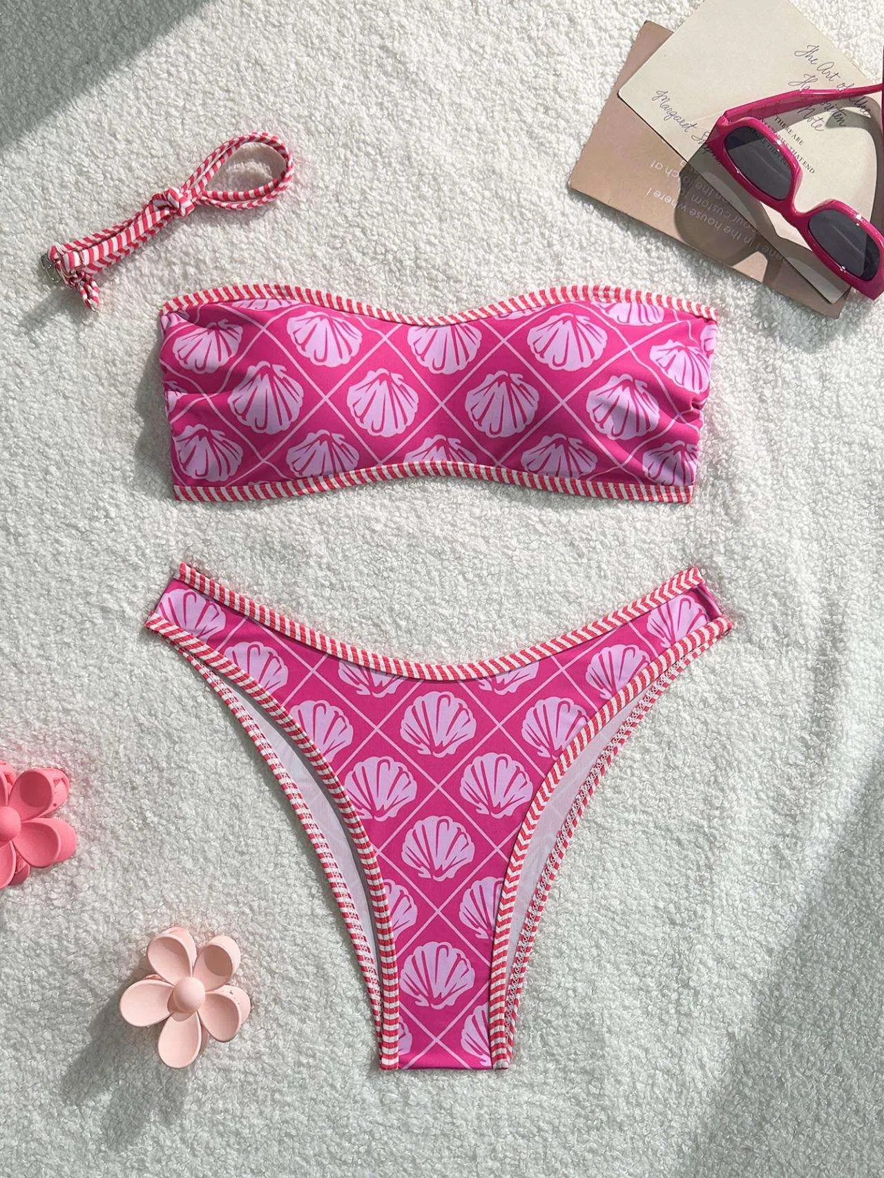 Conjunto de Biquíni Dois Peças Tanga Cintura Alta Controle de Barriga Estampado Moda Praia para Mulheres