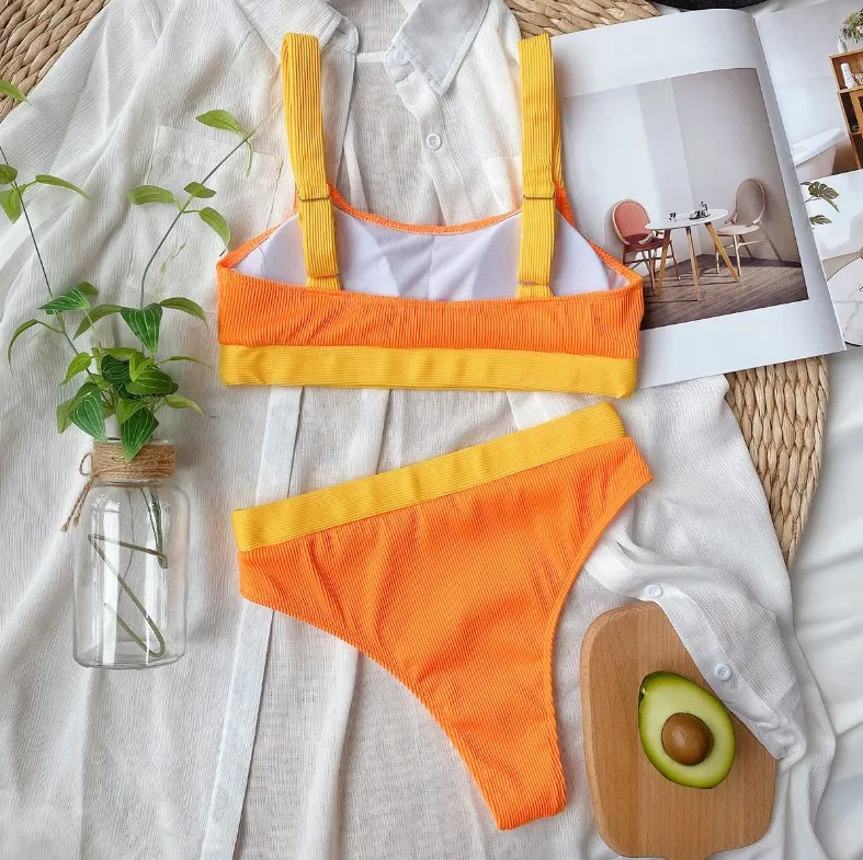 Tirante Largo de Cor Contrastante Moda de Praia Sexy para Mulher