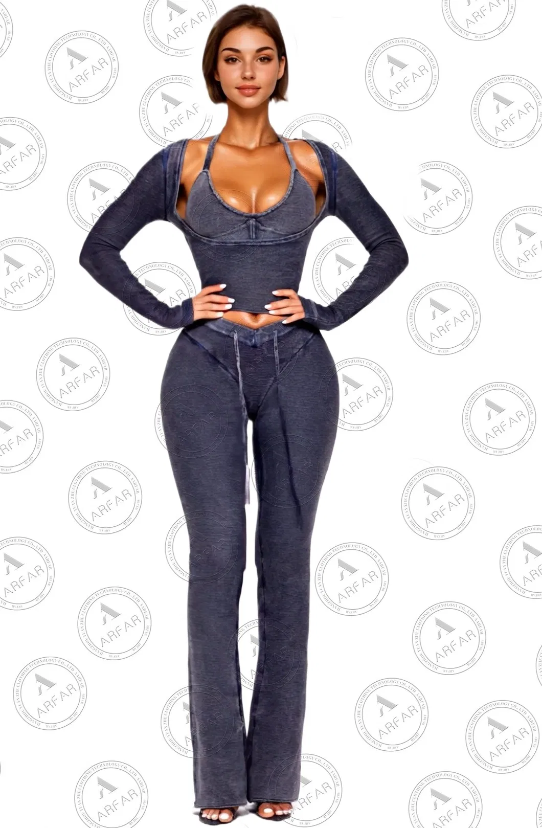 Conjuntos de Atacado para Mulheres, Jaqueta de Manga Longa com Lavagem Ácida, Calças de Moletom Esticadas, Roupas Casuais em Duas Peças para Mulheres