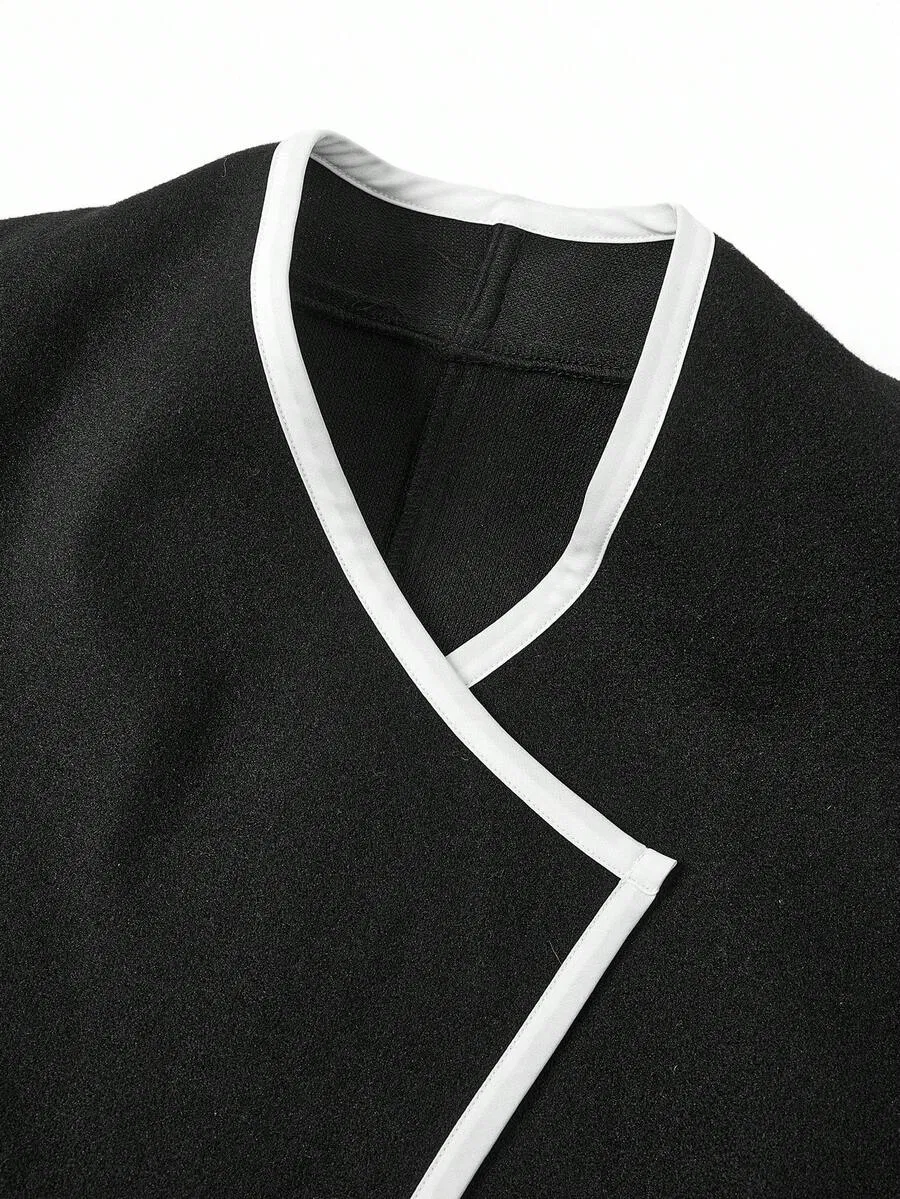 Casaco longo preto feminino para aeroporto e uso de professora, vestuário externo de outono
