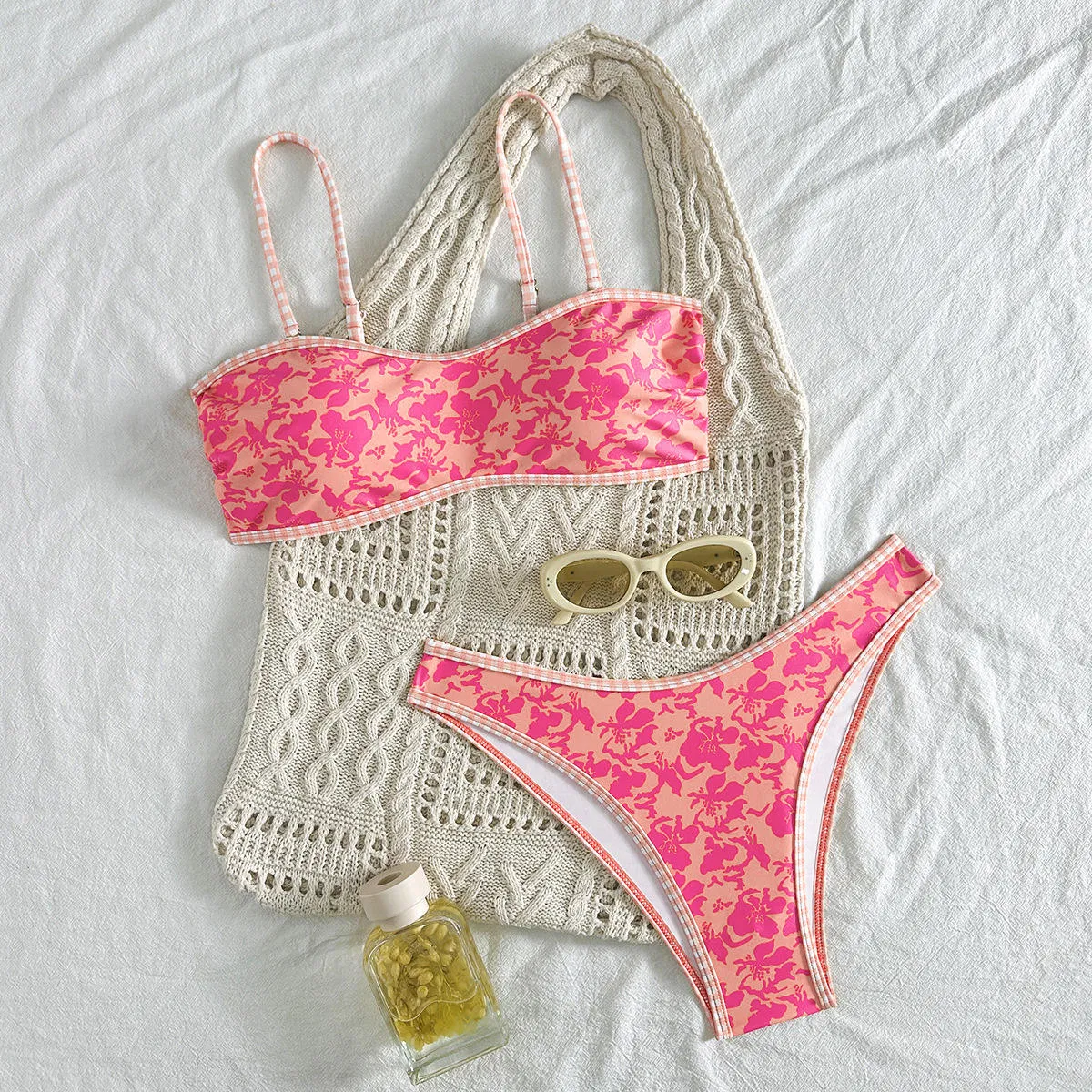 Conjunto de Biquíni Dois Peças Tanga Cintura Alta Controle de Barriga Estampado Moda Praia para Mulheres