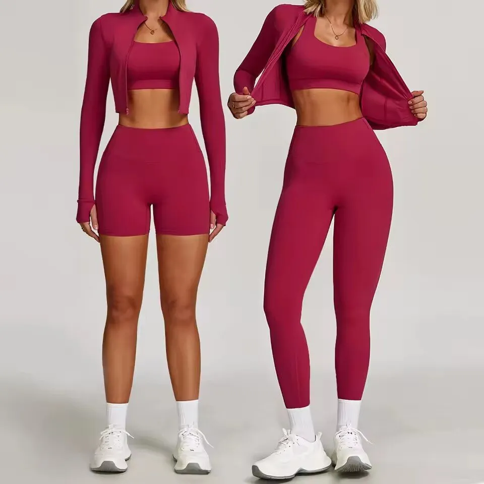 Conjunto de Roupas de Yoga 3 Peça Mulheres Jaqueta de Manga Longa Ativa Top Esportivo Conjunto de Yoga Leggings de Ginástica Roupa de Fitness Conjunto de Esportes