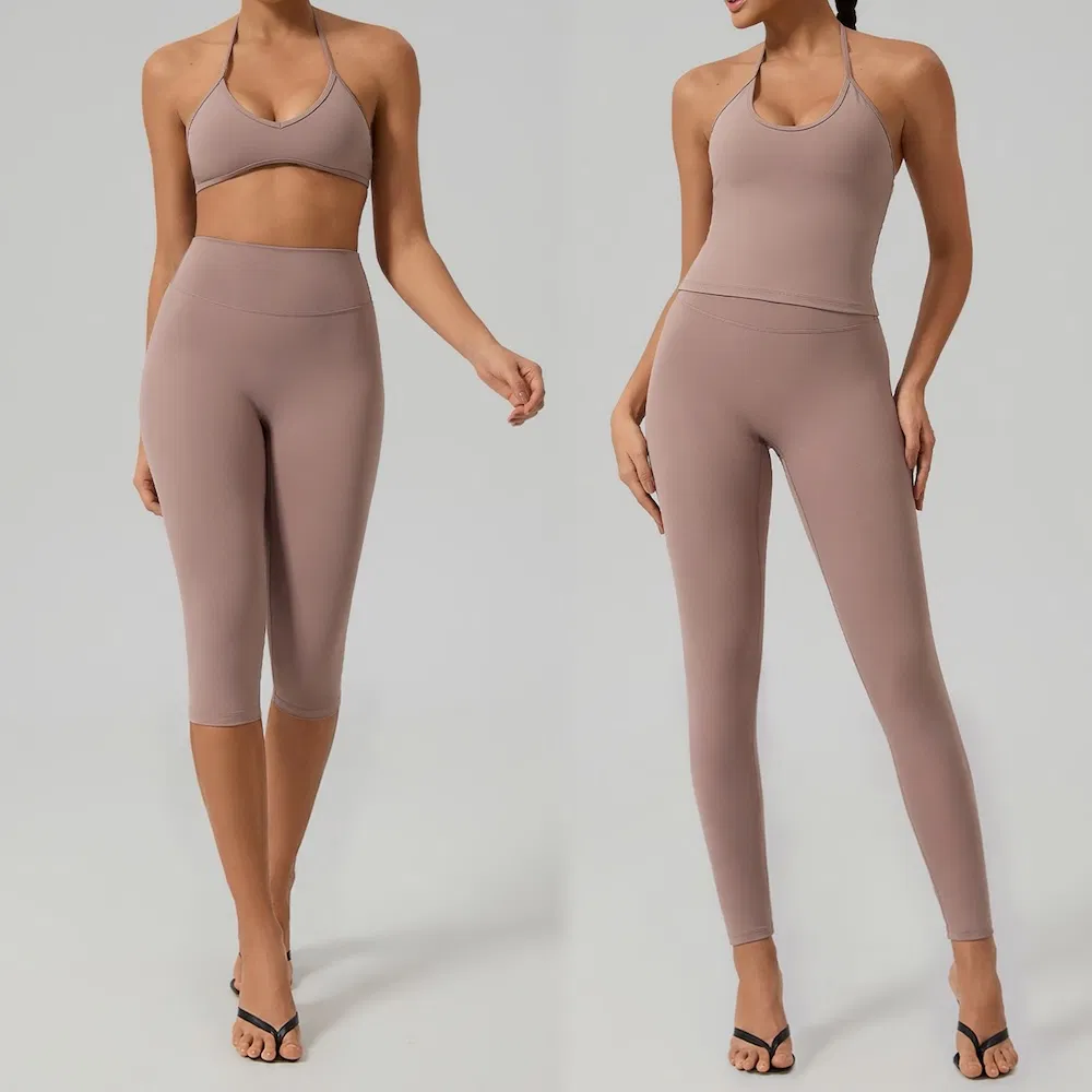 Chegada Recente Roupas de Ginástica Ecológicas Sem Costas Roupas de Yoga para Mulheres, 2/3/4PCS Conjuntos de Roupas Ativas Sustentáveis Top Esportivo com Decote Halter + Shorts de Treino e Leggings