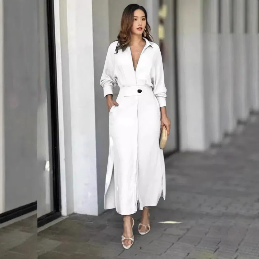 Vestido Casual Feminino de Cor Sólida com Mangas Longas, Decote em V, Irregular, Fenda Casual Feminina, Roupas Femininas