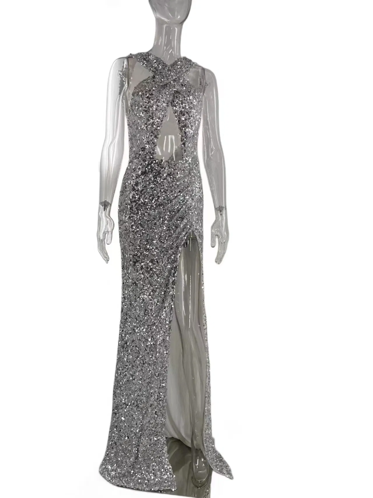 Vestido de Festa Longo Prateado Feminino com Costas Abertas, Moda Sexy para Mulheres