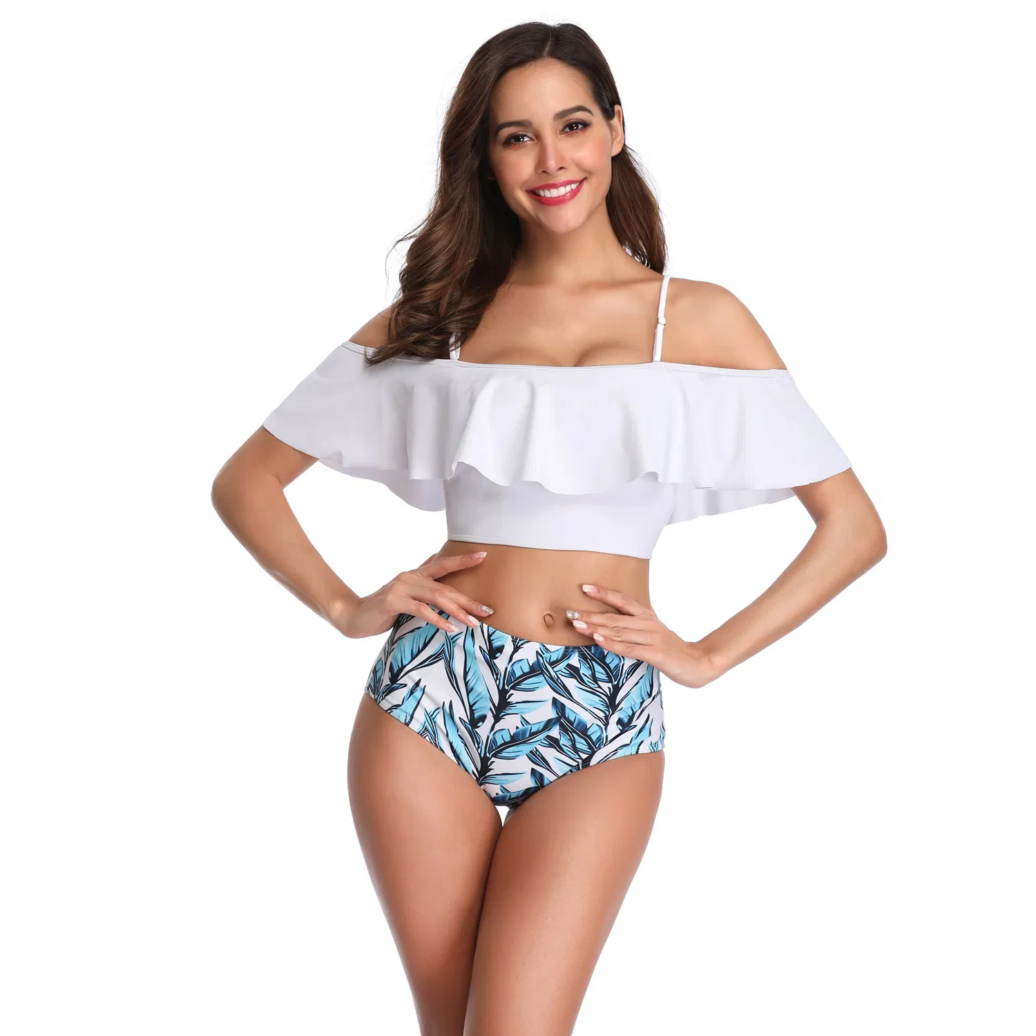 Moda Praia Feminina 2PCS Impressão Personalizada de Nylon com Renda e Alças Altas