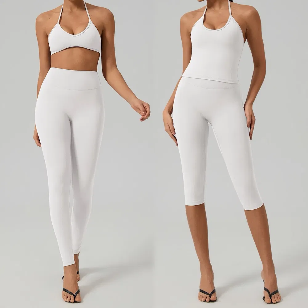Chegada Recente Roupas de Ginástica Ecológicas Sem Costas Roupas de Yoga para Mulheres, 2/3/4PCS Conjuntos de Roupas Ativas Sustentáveis Top Esportivo com Decote Halter + Shorts de Treino e Leggings