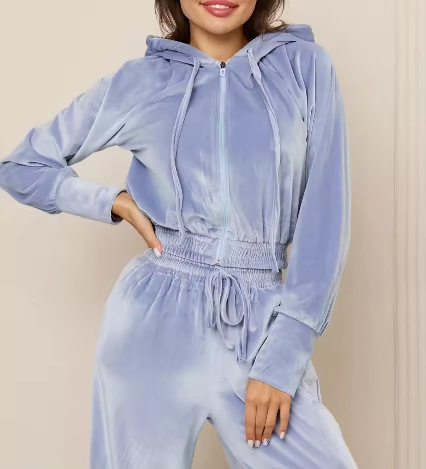 Conjunto de Roupas Casuais Femininas Esportivas 2 Peça Moda Cor Sólida Cardigã de Veludo com Capuz de Manga Longa Calças de Cintura Elástica e Pernas Largas Roupas Esportivas Femininas