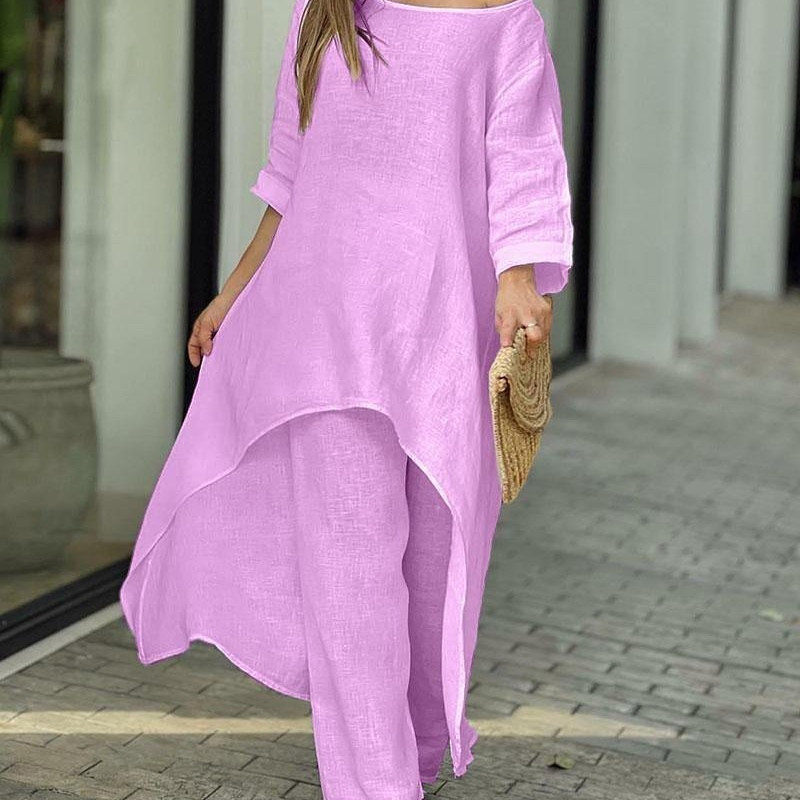 Conjunto Casual Feminino de Primavera e Outono: Blusa Longa de Manga Solta Irregular, Calças de Perna Larga OEM&ODM, Conjunto de Roupas em Tecido Sólido